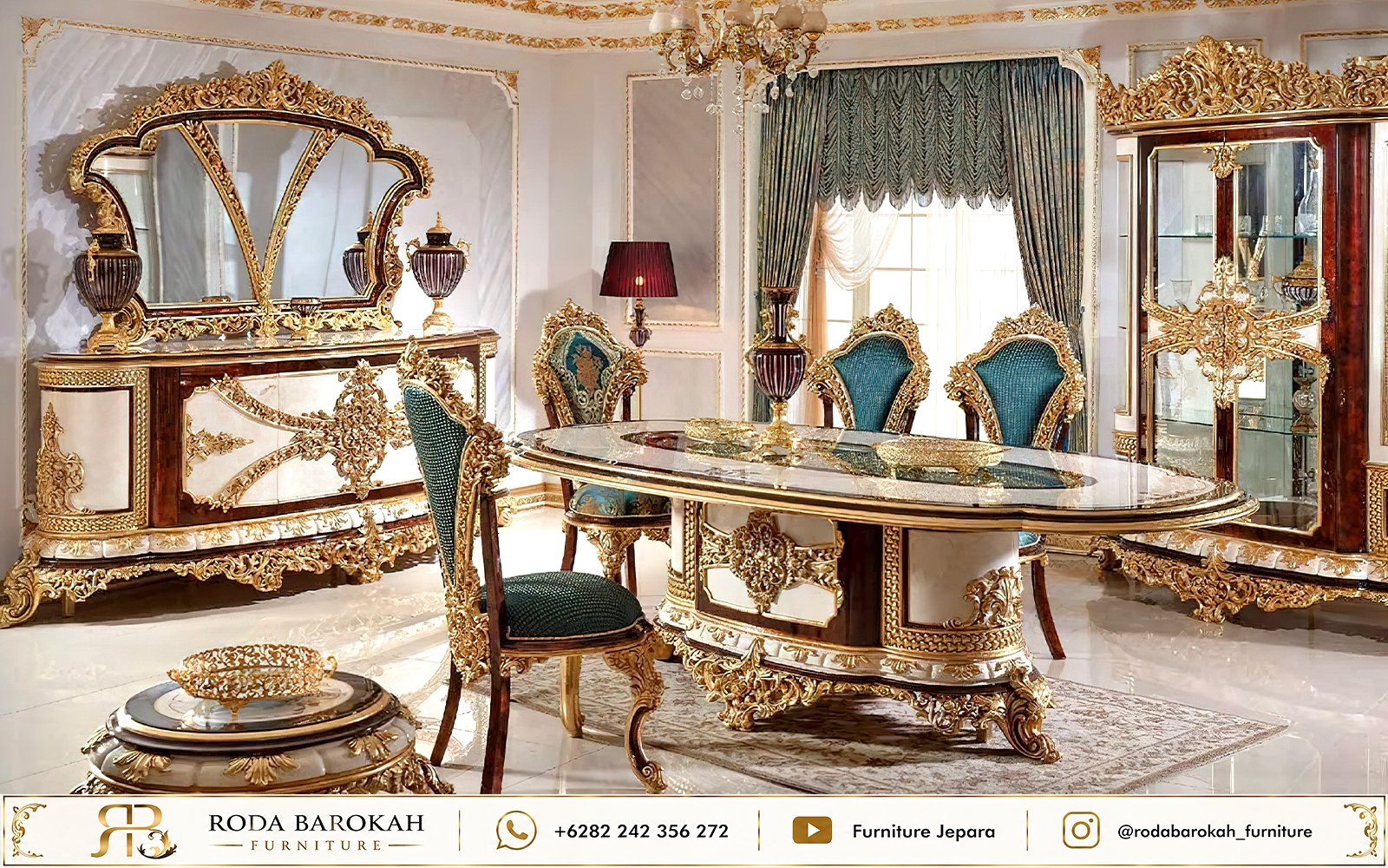 Meja Makan Mewah Ukiran Jepara Teal Mahogany Gold