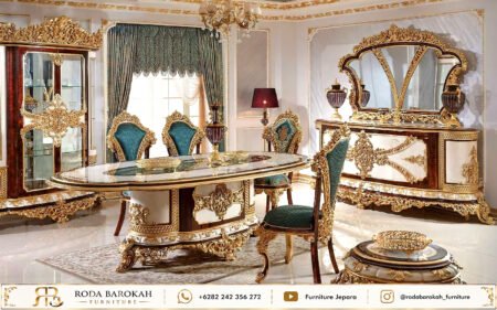 Meja Makan Mewah Ukiran Jepara Teal Mahogany Gold