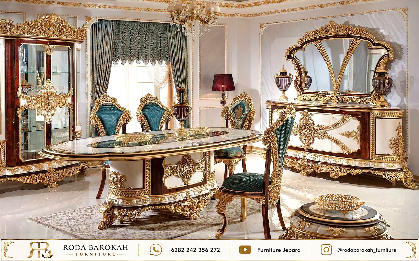Meja Makan Mewah Ukiran Jepara Teal Mahogany Gold