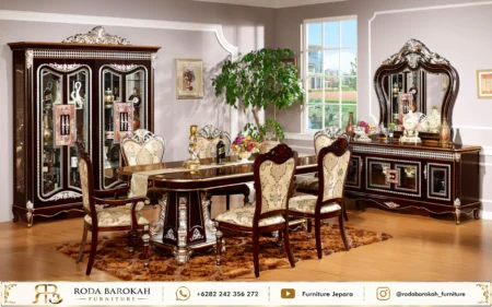 Set Meja Makan Ukir Mewah Jepara Lengkap Credenza
