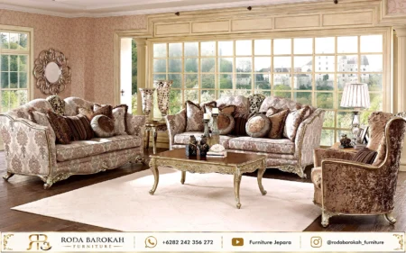 Set Sofa Tamu Klasik Mewah Cokelat Gold Motif Ukir Jepara