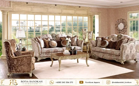 Set Sofa Tamu Klasik Mewah Cokelat Gold Motif Ukir Jepara