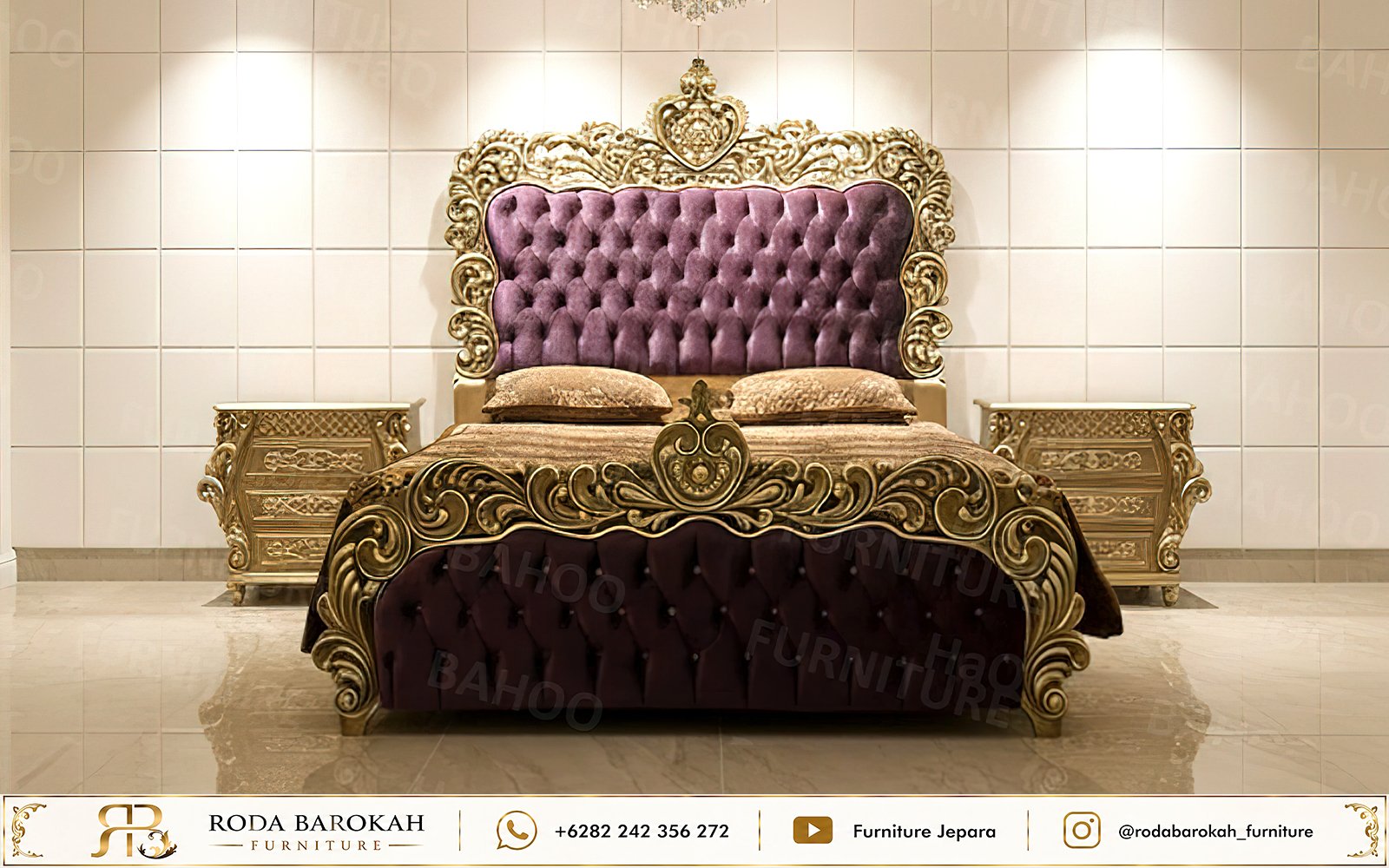 Set Tempat Tidur Mewah Ungu Gold Leaf Ukir Jepara
