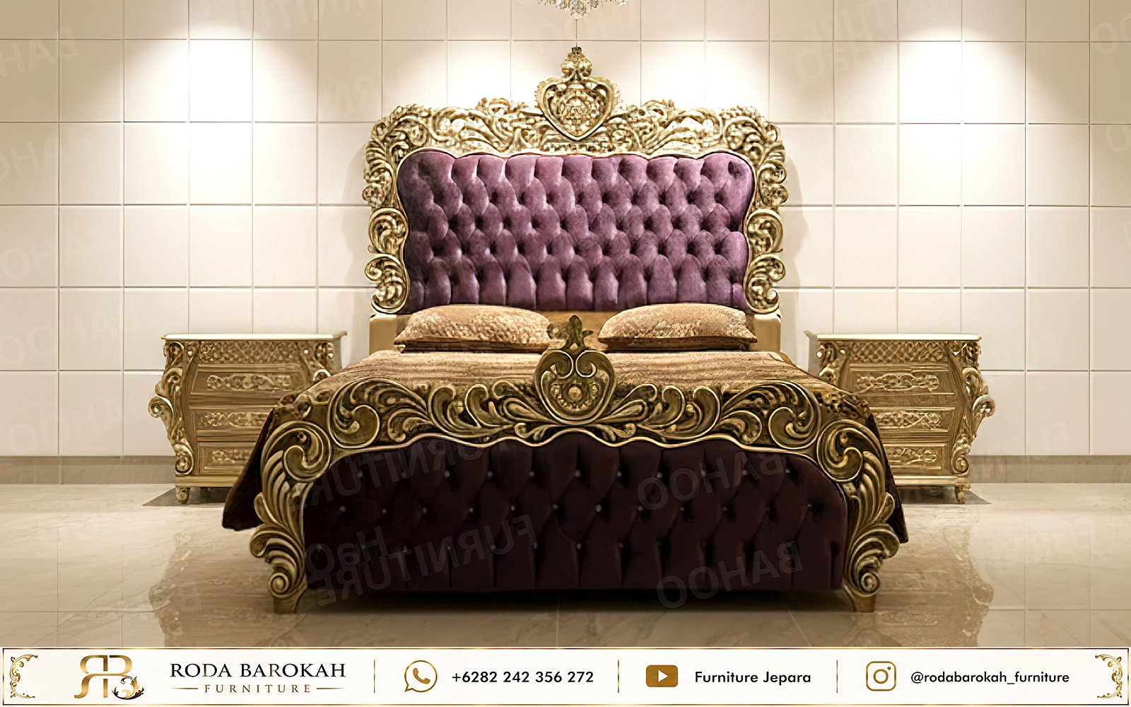 Set Tempat Tidur Mewah Ungu Gold Leaf Ukir Jepara