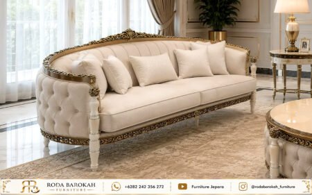 Sofa Tamu Mewah Ukiran Jepara Ivory Velvet Gold