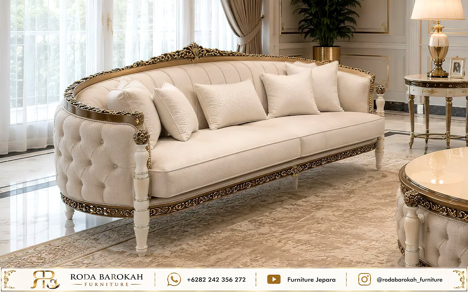 Sofa Tamu Mewah Ukiran Jepara Ivory Velvet Gold