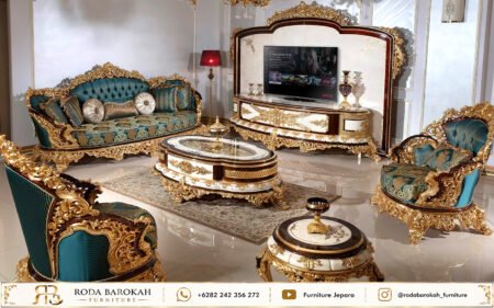 Sofa Tamu Mewah Ukiran Jepara Teal Green Gold Klasik