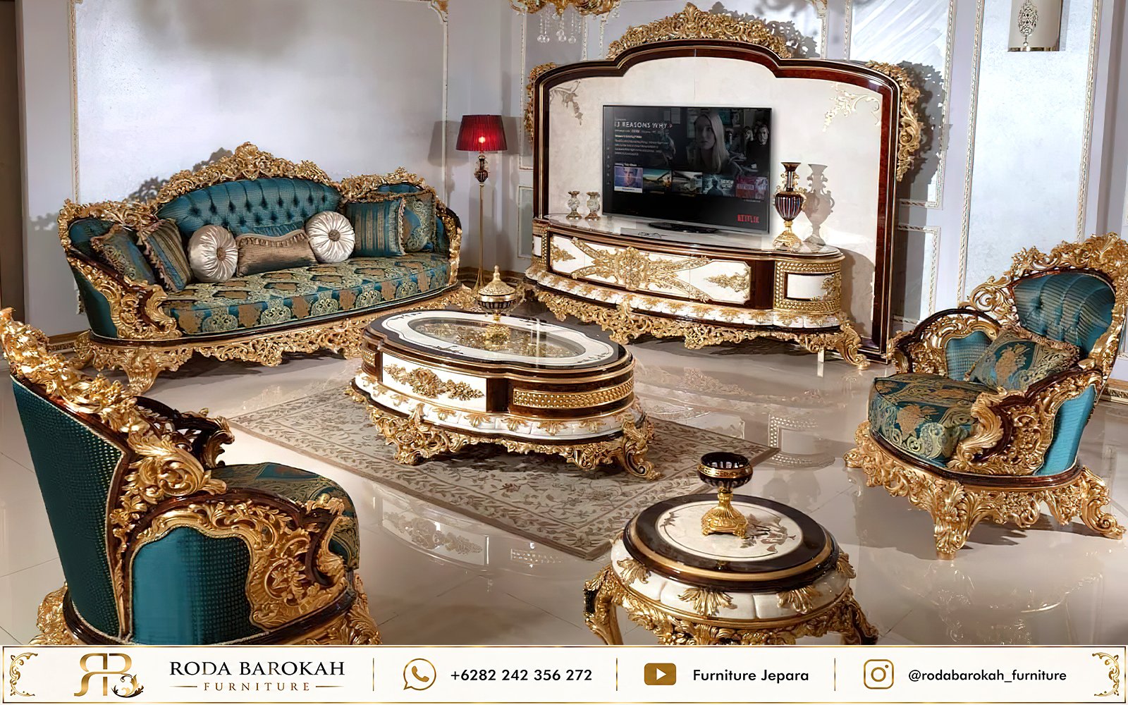 Sofa Tamu Mewah Ukiran Jepara Teal Green Gold Klasik