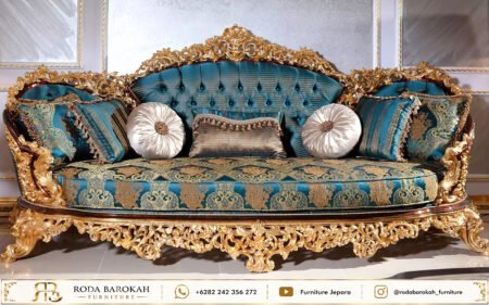 Sofa Tamu Mewah Ukiran Jepara Teal Green Gold Klasik