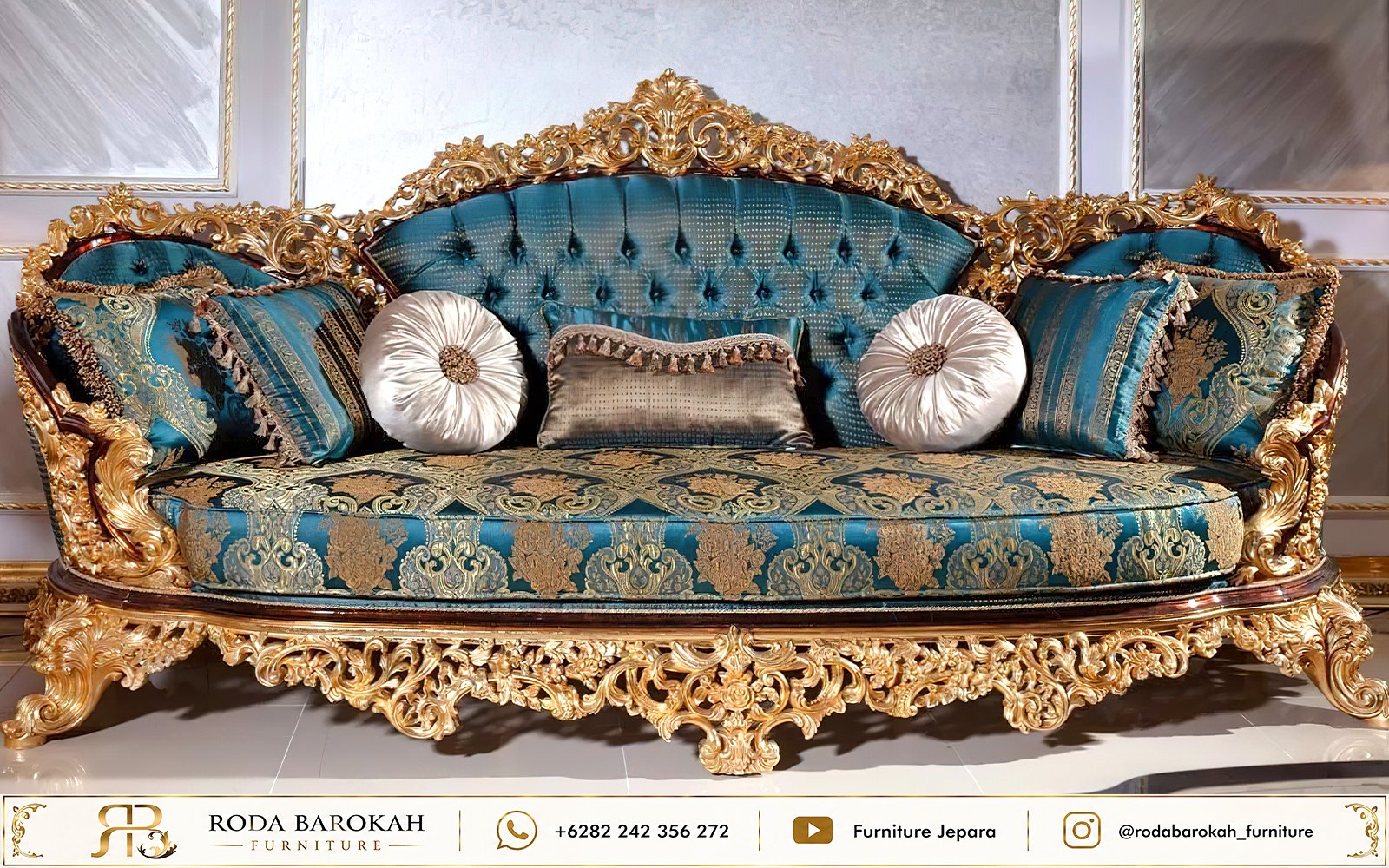 Sofa Tamu Mewah Ukiran Jepara Teal Green Gold Klasik