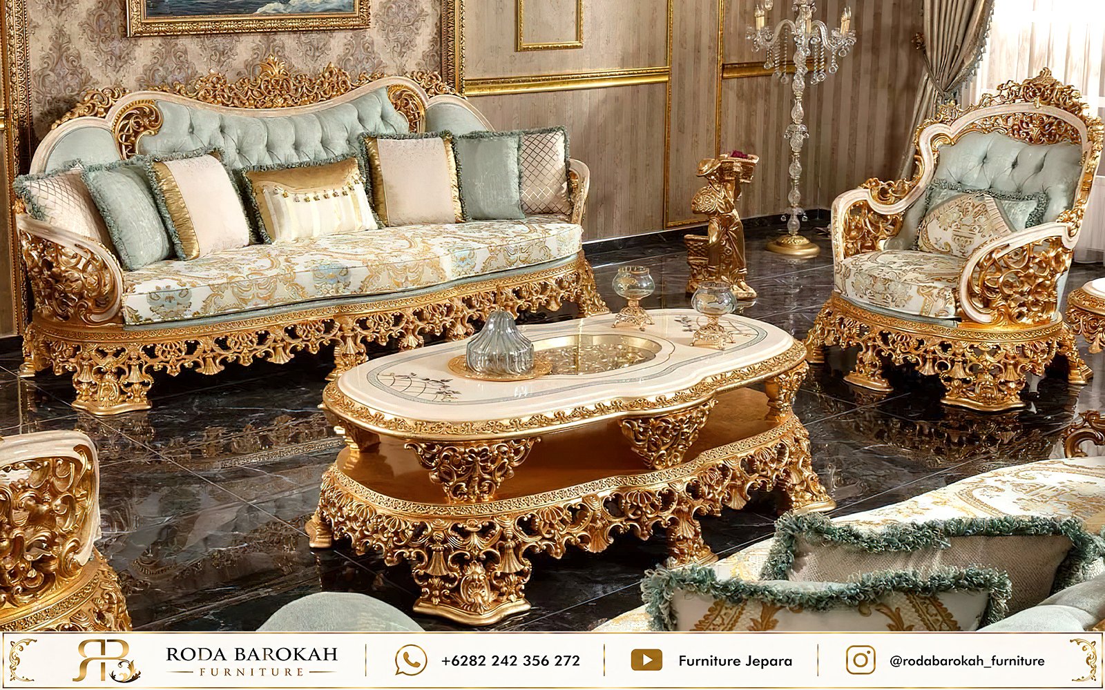 Sofa Tamu Ukir Klasik Mewah Beludru Green Jepara