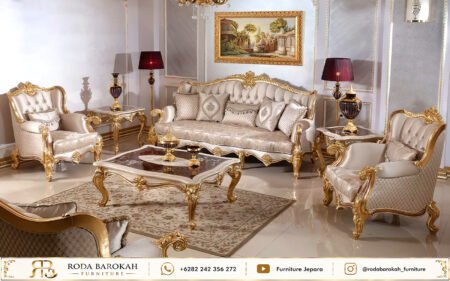 Sofa Tamu Ukir Klasik Mewah Beludru Krem Jepara