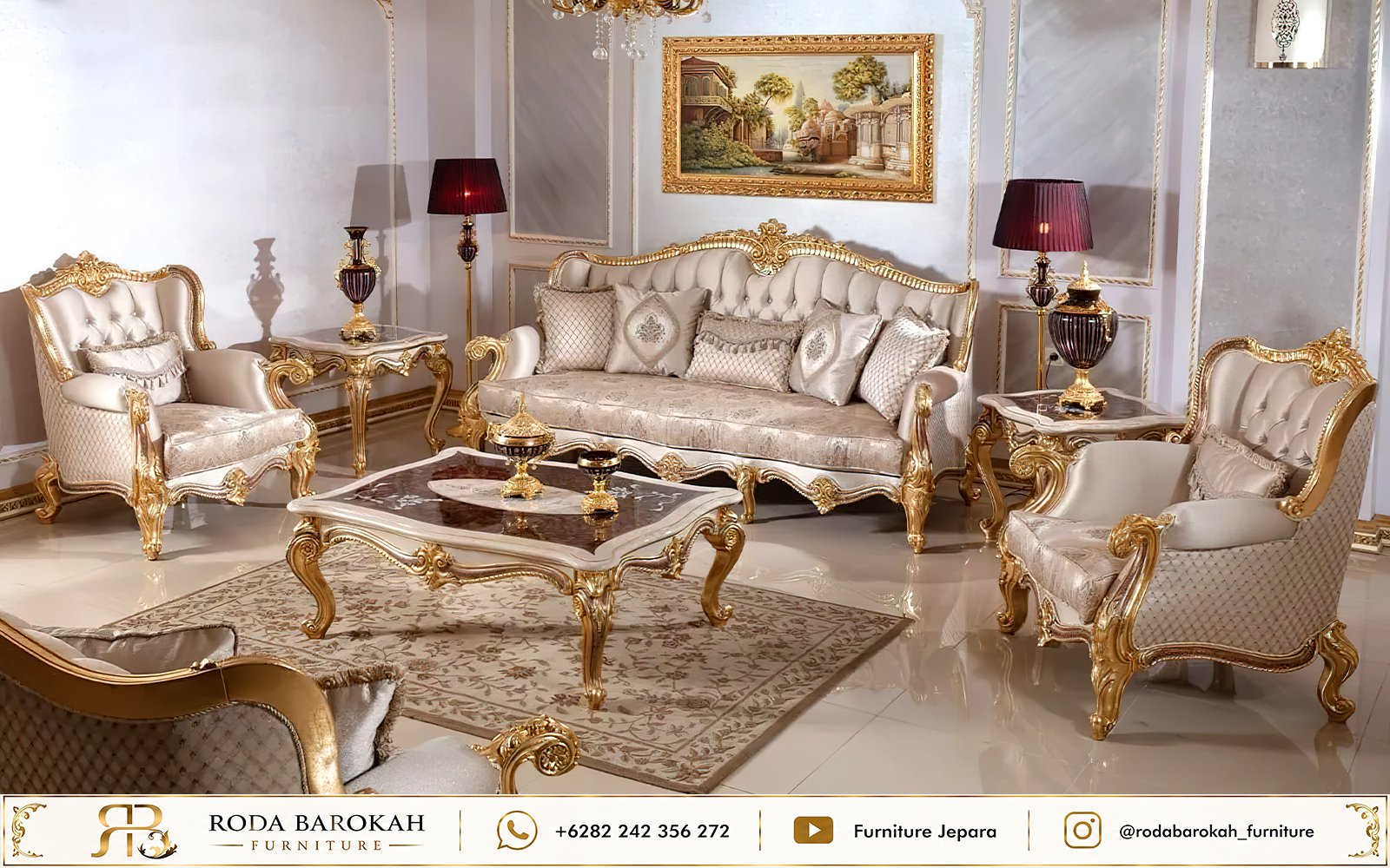 Sofa Tamu Ukir Klasik Mewah Beludru Krem Jepara