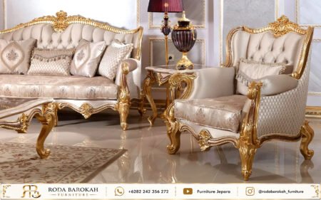 Sofa Tamu Ukir Klasik Mewah Beludru Krem Jepara